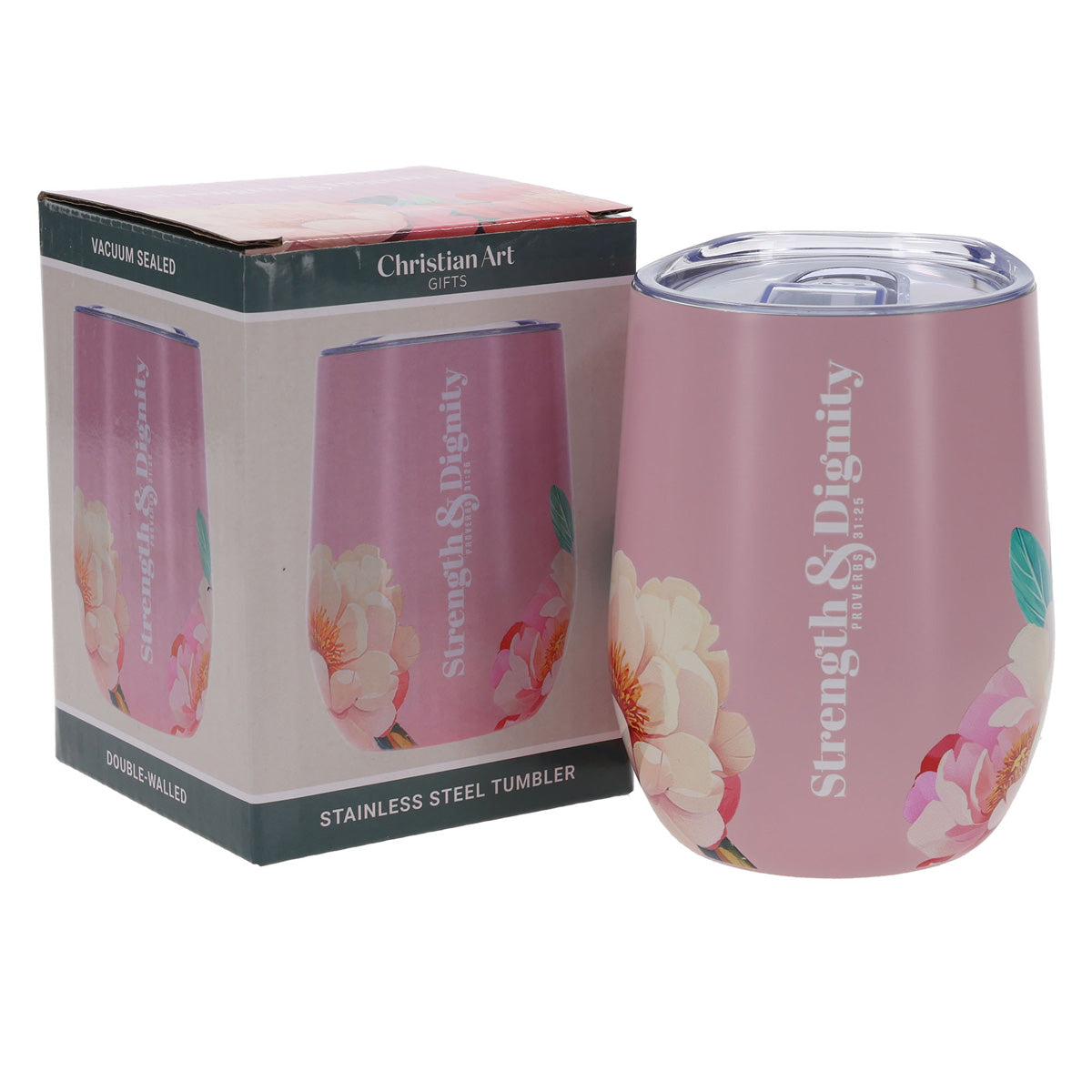 Travel Mug - Strength and Dignity (Stainless Steel, Pink Floral)