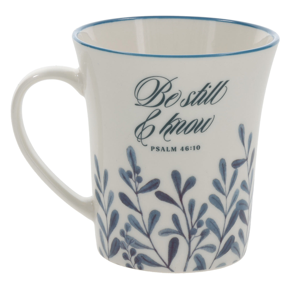 Be Still and Know Ceramic Mug with Blue Rim