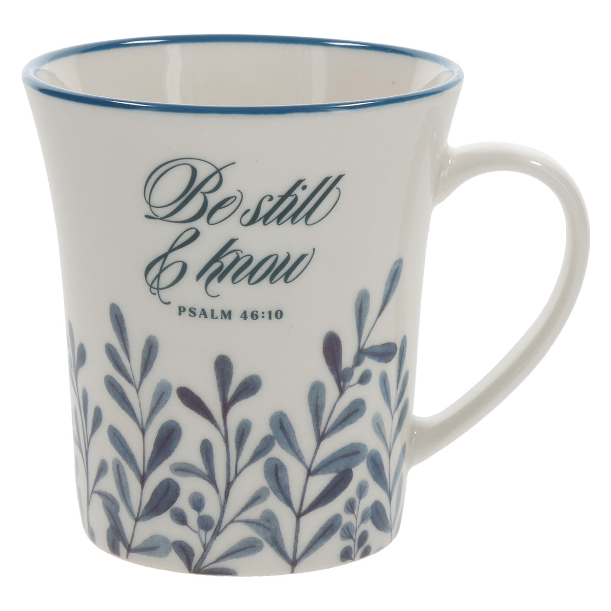Be Still and Know Ceramic Mug with Blue Rim