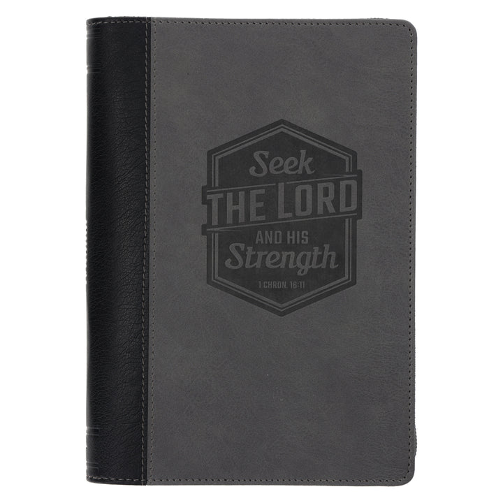 Seek the Lord and His Strength Grey Faux Leather Journal with Zipped Closure