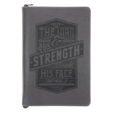 Seek the Lord & His Strength, Seek His Face Grey Faux leather Journal with Zipped Closure