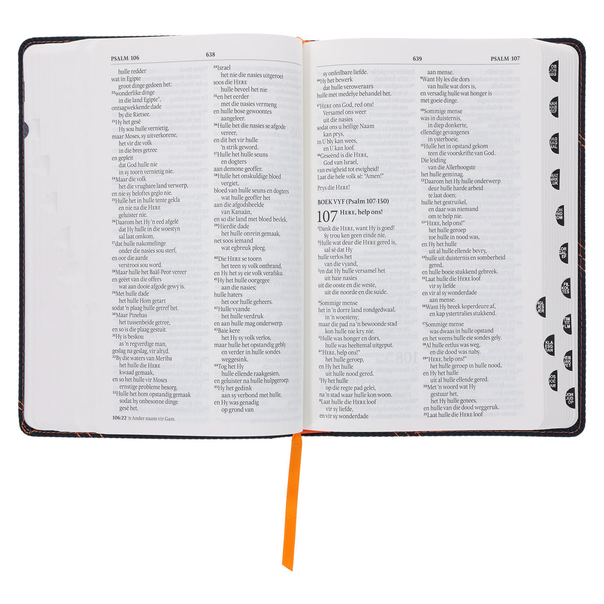 NLV Donkerblou en Oranje Kunsleer Standaard Bybel Met Duimgrepe