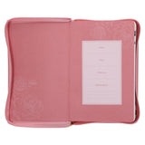 NLV Pienk Blomme Kunsleer Standaard Bybel Met Ritssluiter en Duimgrepe