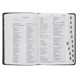 NLV Donkerbruin en Oranje Kunsleer Standaard Bybel Met Duimgrepe