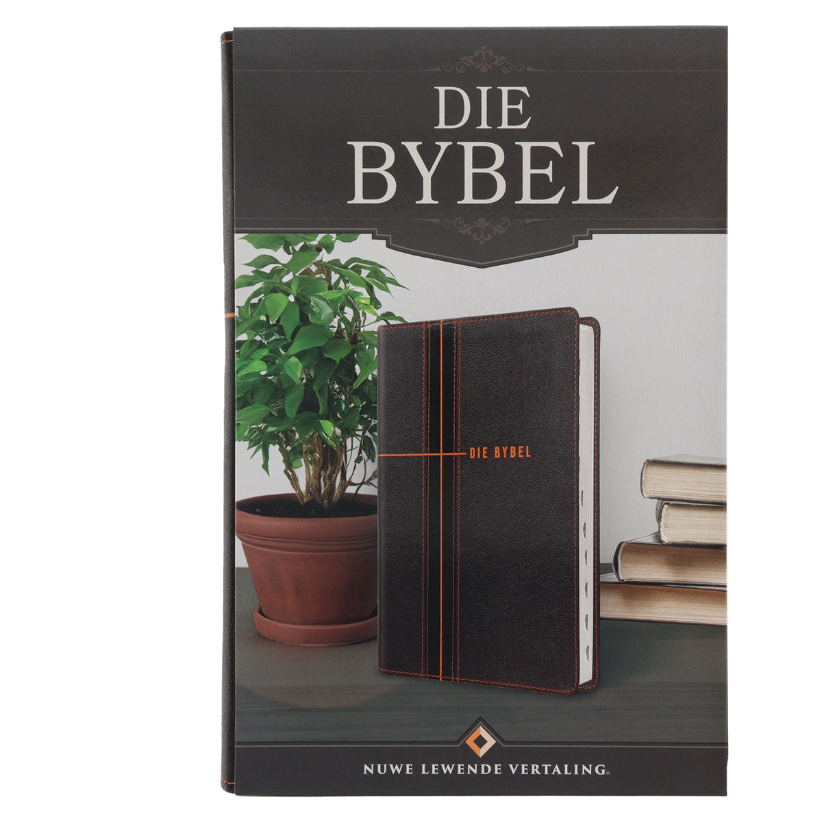 NLV Donkerbruin en Oranje Kunsleer Standaard Bybel Met Duimgrepe