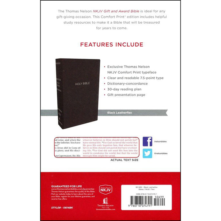 NKJV Black Faux Leather Gift And Award Bible Red Letter Comfort Print Flexcover