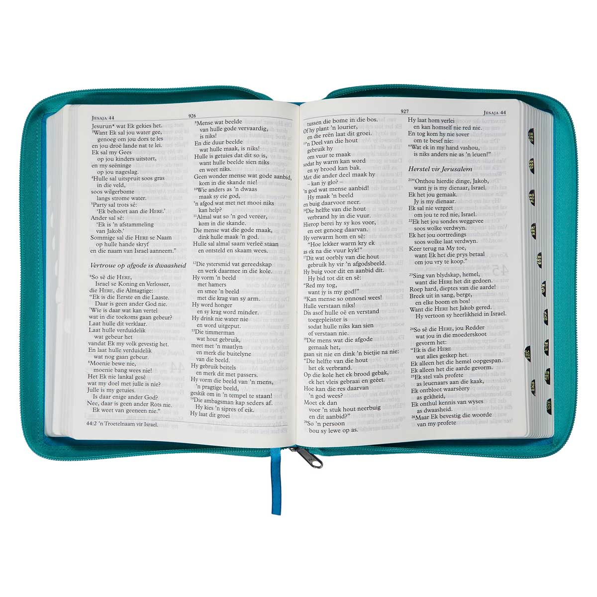 NLV Blougroen Kunsleer Bybel Grootdruk Met Ritssluiter & Duimgrepe