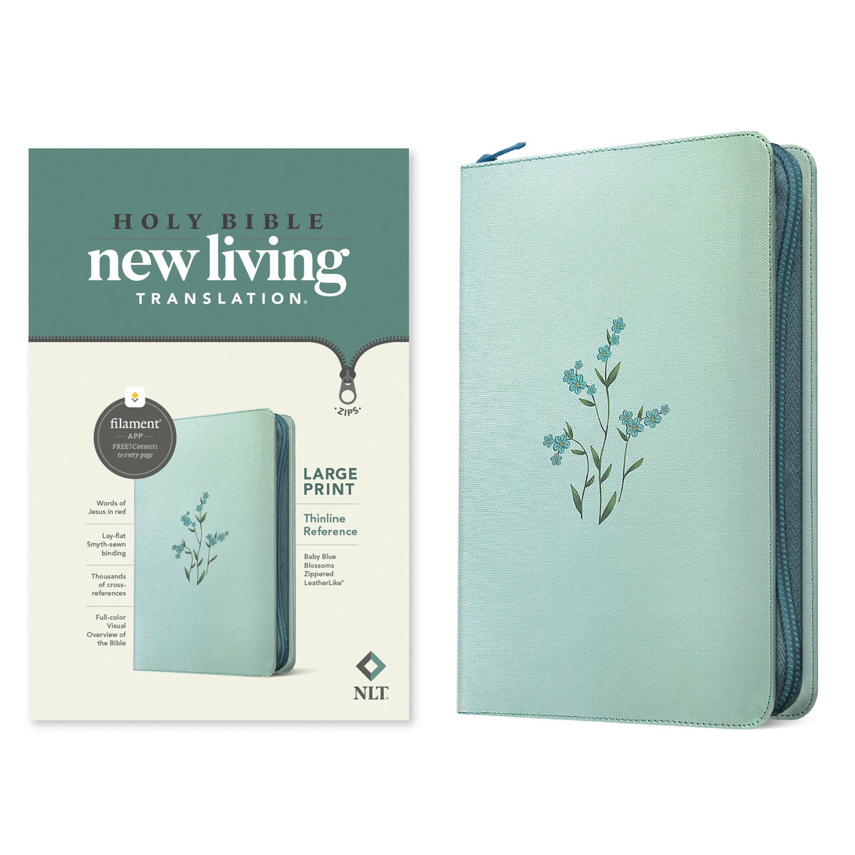 NLT Baby Blue Blossoms Imitation Leather with Zip Filament Thinline Ref Large Print Red Letter