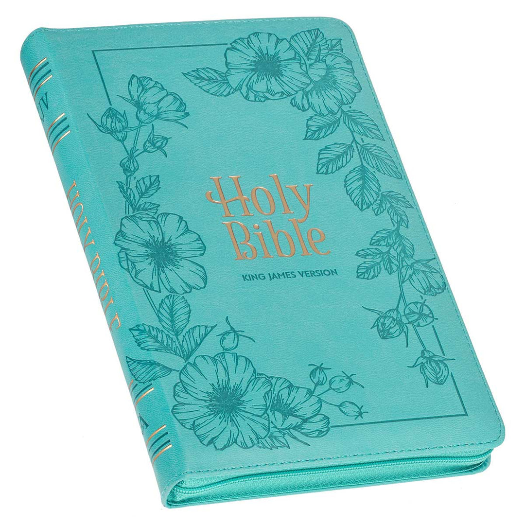 KJV Teal Floral Faux Leather Flexcover Deluxe Gift Bible With Zip