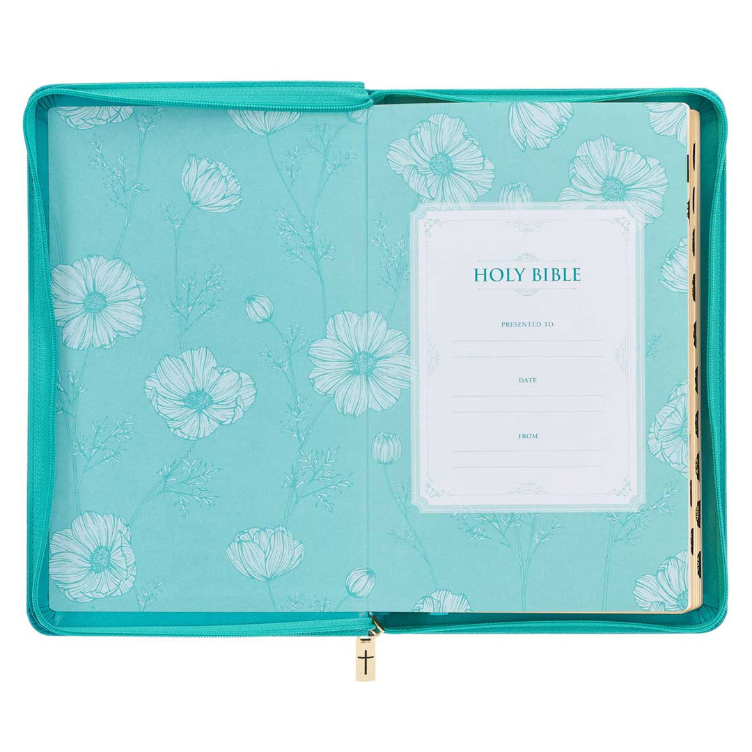 KJV Teal Floral Faux Leather Flexcover Deluxe Gift Bible With Zip