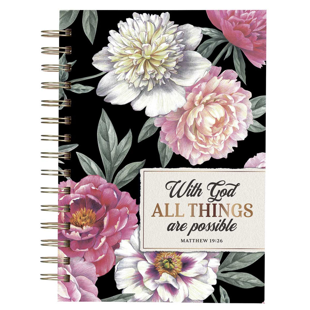 All Things Black Floral Large Hardcover Wirebound Journal - Matthew 19:26