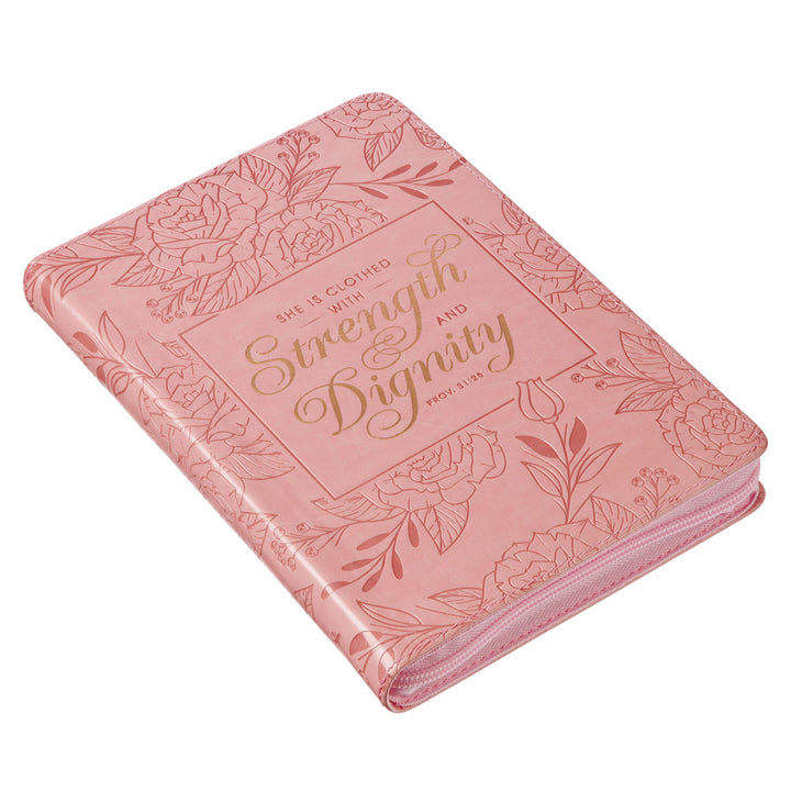 She Is Clothed With Strength And Dignity Pink Faux Leather Journal With Zipped Closure