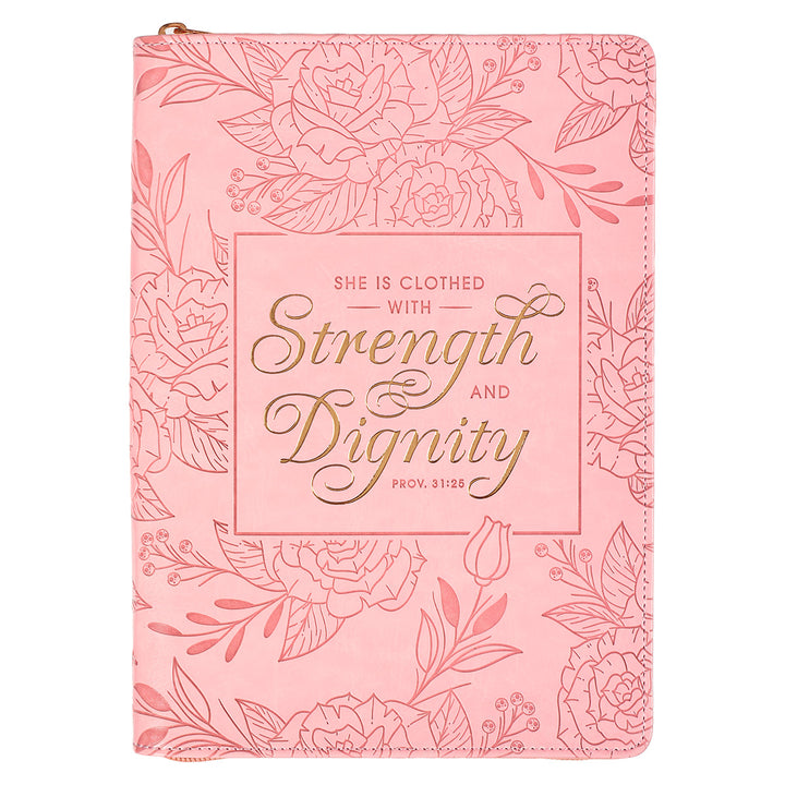 Strength & Dignity Pink Faux Leather Journal With Zipped Closure - Prov 31:25