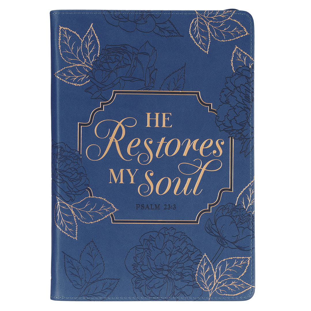 He Restores My Soul Navy Blue Faux Leather Journal With Zipped Closure - Psalms 23:3