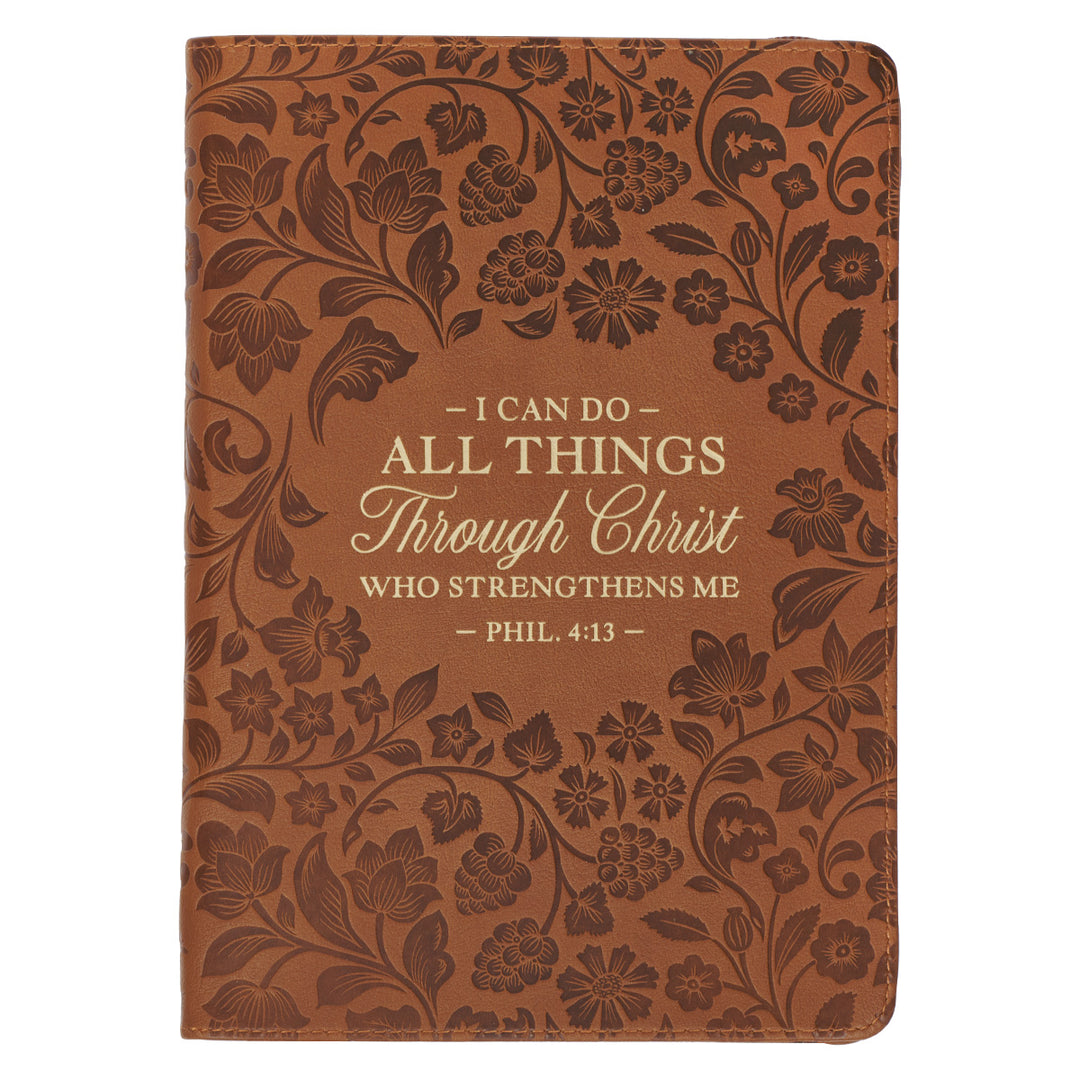 I Can Do All Things Through Christ Brown Floral Faux Leather Journal with Zipped Closure