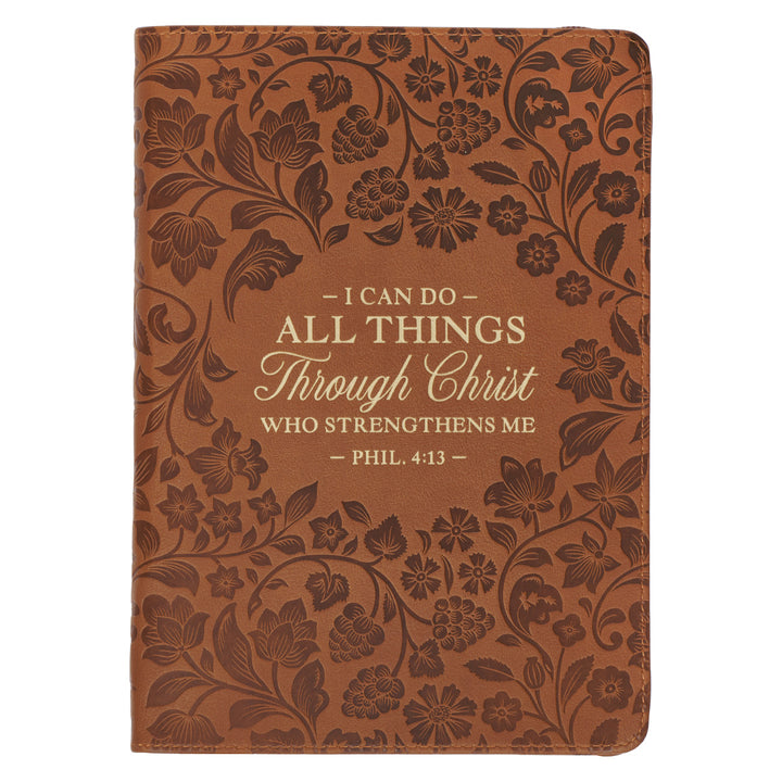 I Can Do All Things Through Christ Brown Floral Faux Leather Journal with Zipped Closure