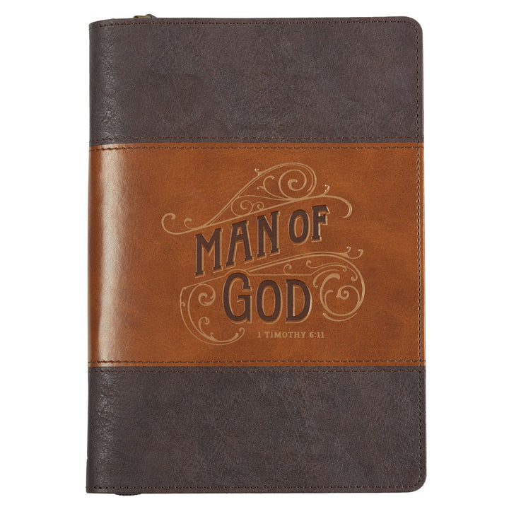 Man of God Two-Tone Brown Faux Leather Journal with Zipped Closure