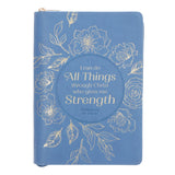 I Can Do All Things Through Him Blue Faux Leather Journal with Zipped Closure
