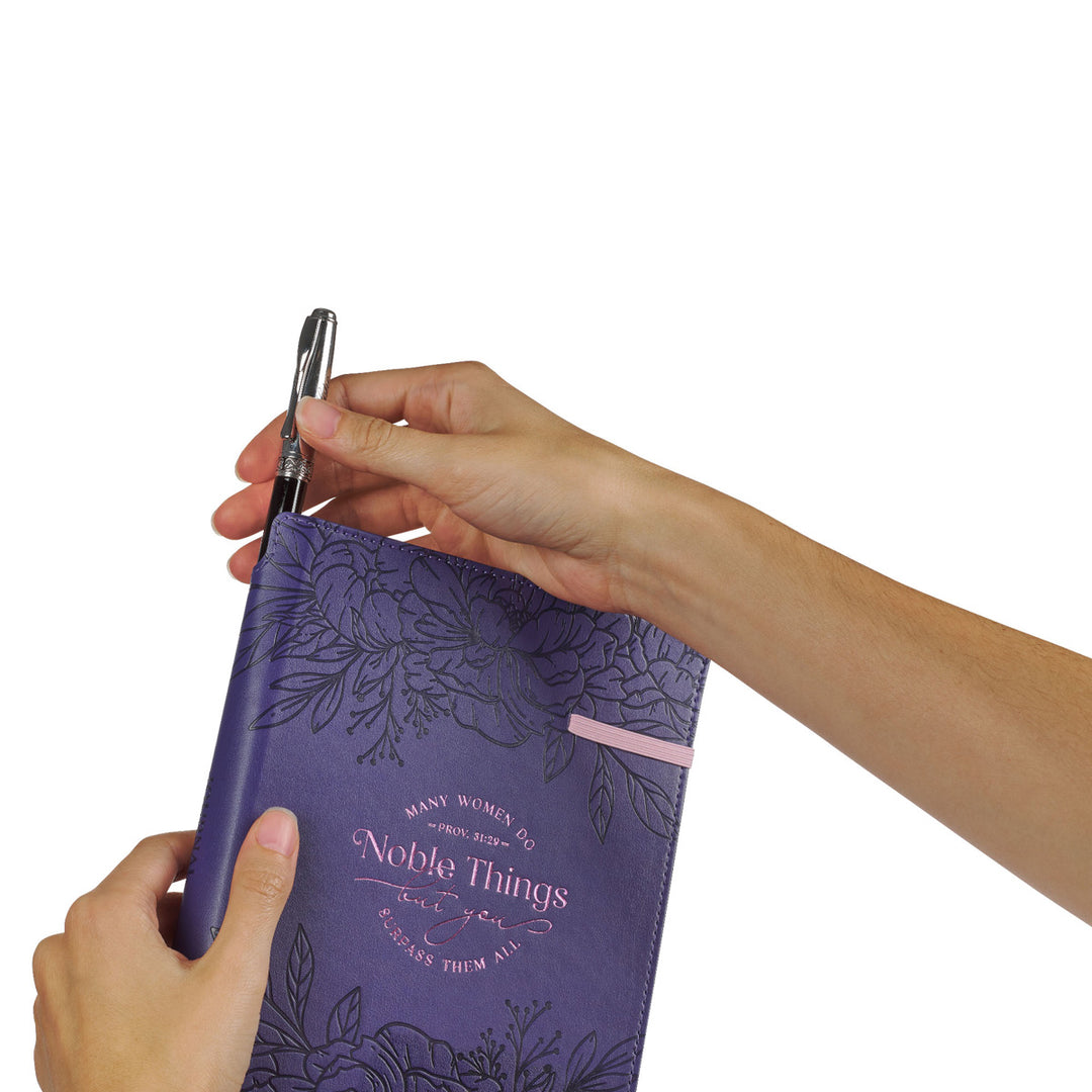 Many Women Do Noble Things Purple Faux Leather Journal with Pen Holder and Elastic Closure