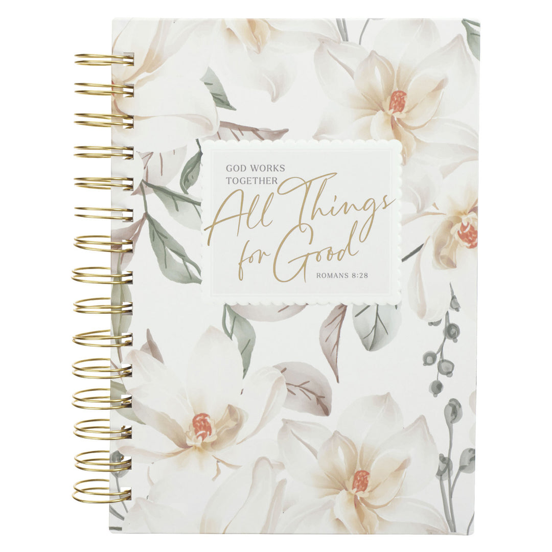 God Works Together All Things for Good White Floral Large Hardcover Wirebound Journal