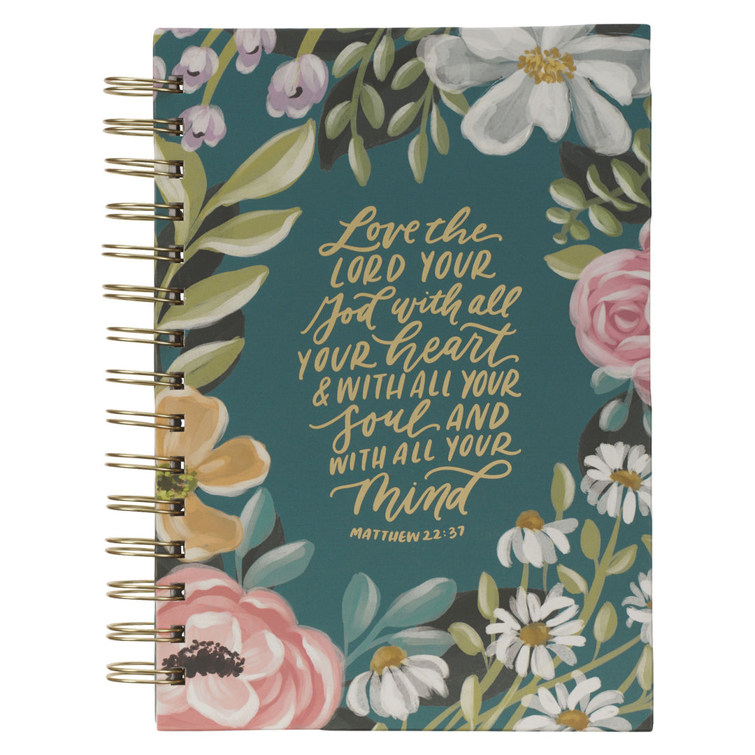 Love the Lord Your God with All Your Heart Teal Floral Large Hardcover Wirebound Journal