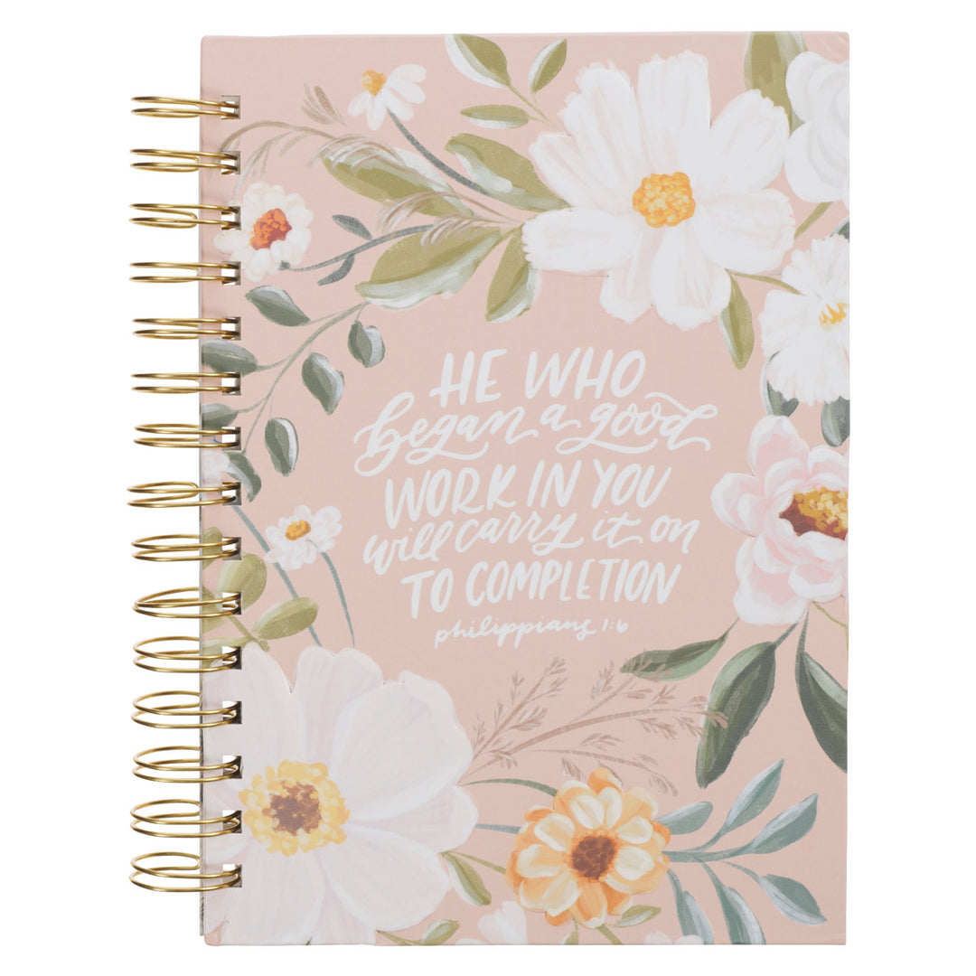 He Who Began a Good Work in You Will in You Beige Floral Large Hardcover Wirebound Journal