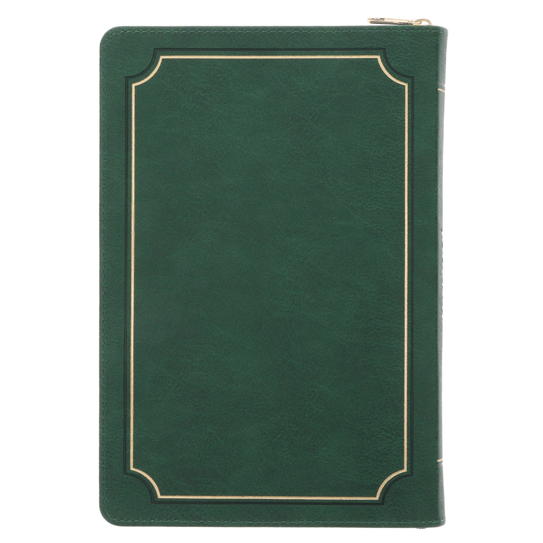 We Are More than Conquerors Through Him Who Loved Us Green Faux Leather Journal with Zipped Closure