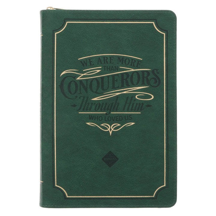 We Are More than Conquerors Through Him Who Loved Us Green Faux Leather Journal with Zipped Closure