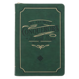 We Are More than Conquerors Through Him Who Loved Us Green Faux Leather Journal with Zipped Closure