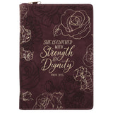 She Is Clothed with Strength and Dignity Burgundy Faux Leather Journal with Zipped Closure