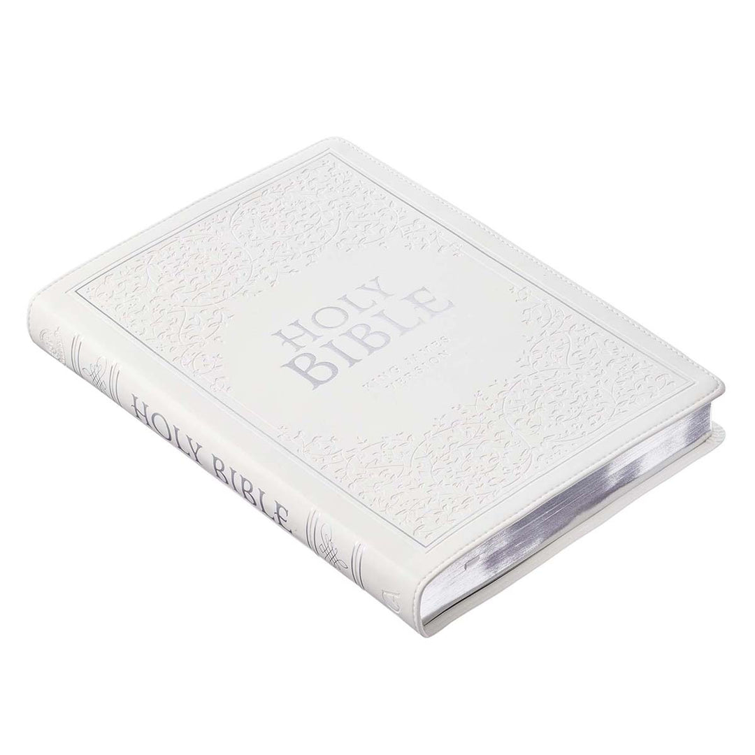 KJV White Faux Leather Thinline Large Print Bible With Thumb Indexing