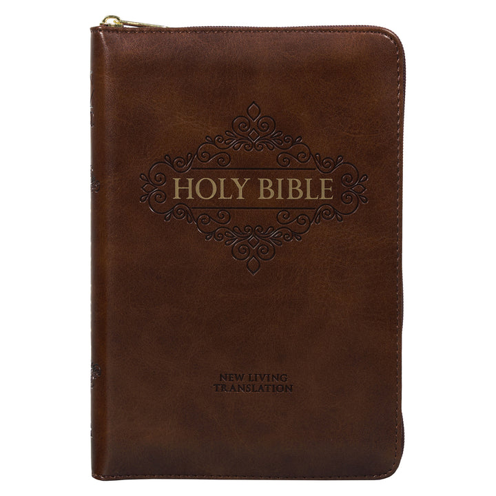 NLT Brown Faux Leather Flexcover Compact Bible With Zip