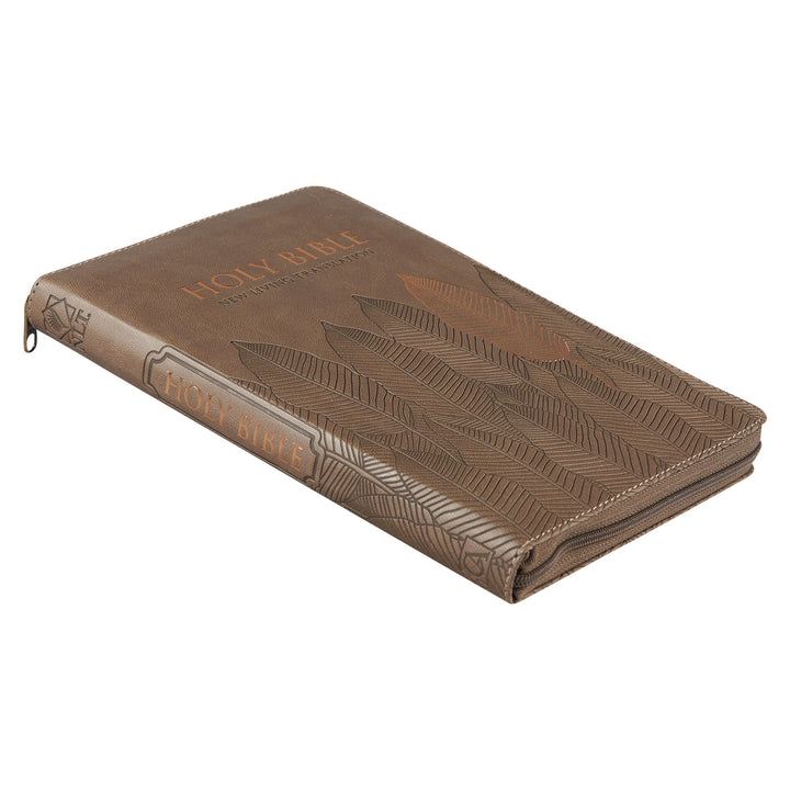 NLT Brown Leaves Faux Leather Flexcover Standard Bible Thumb Indexed With Zip
