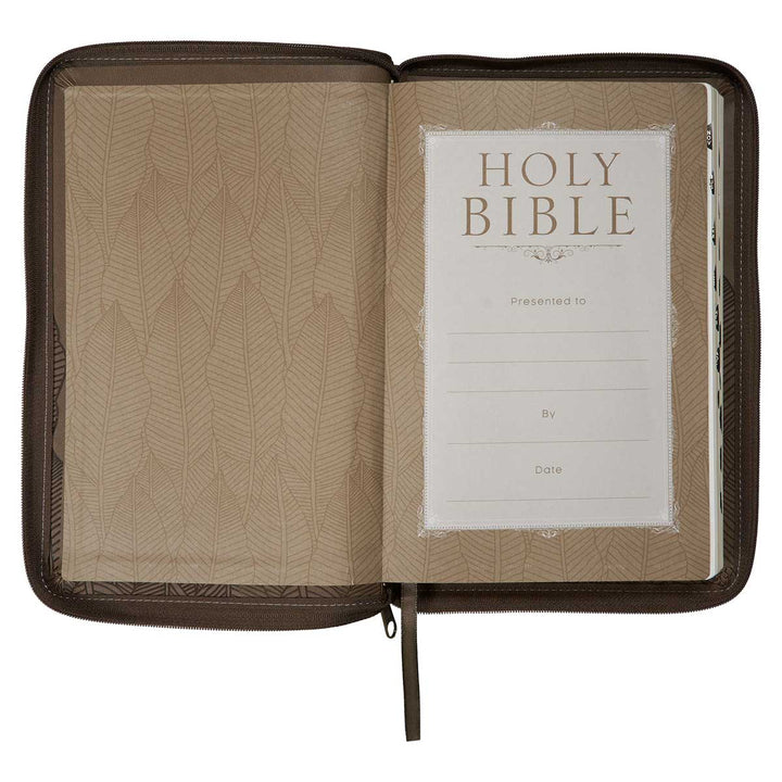 NLT Brown Leaves Faux Leather Flexcover Standard Bible Thumb Indexed With Zip