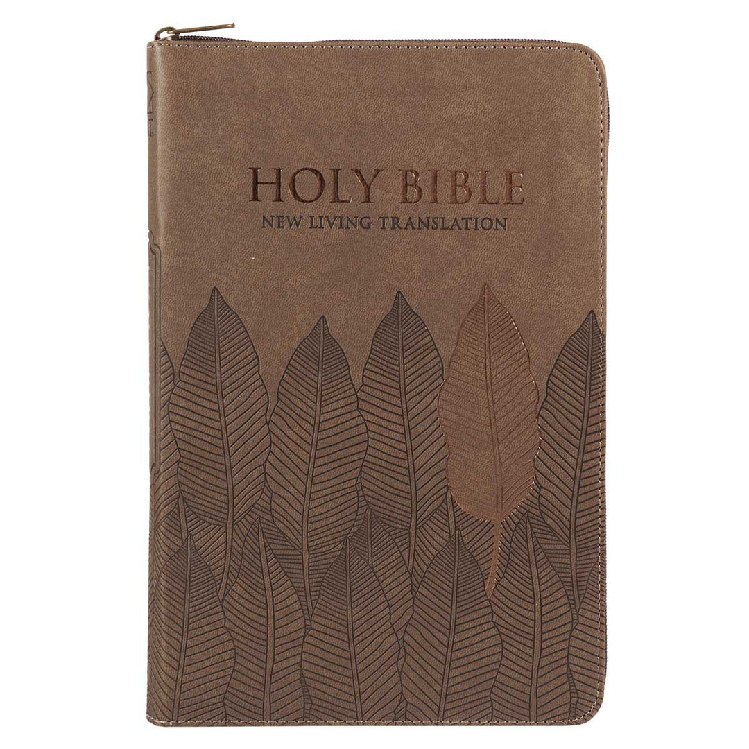 NLT Brown Leaves Faux Leather Flexcover Standard Bible Thumb Indexed With Zip