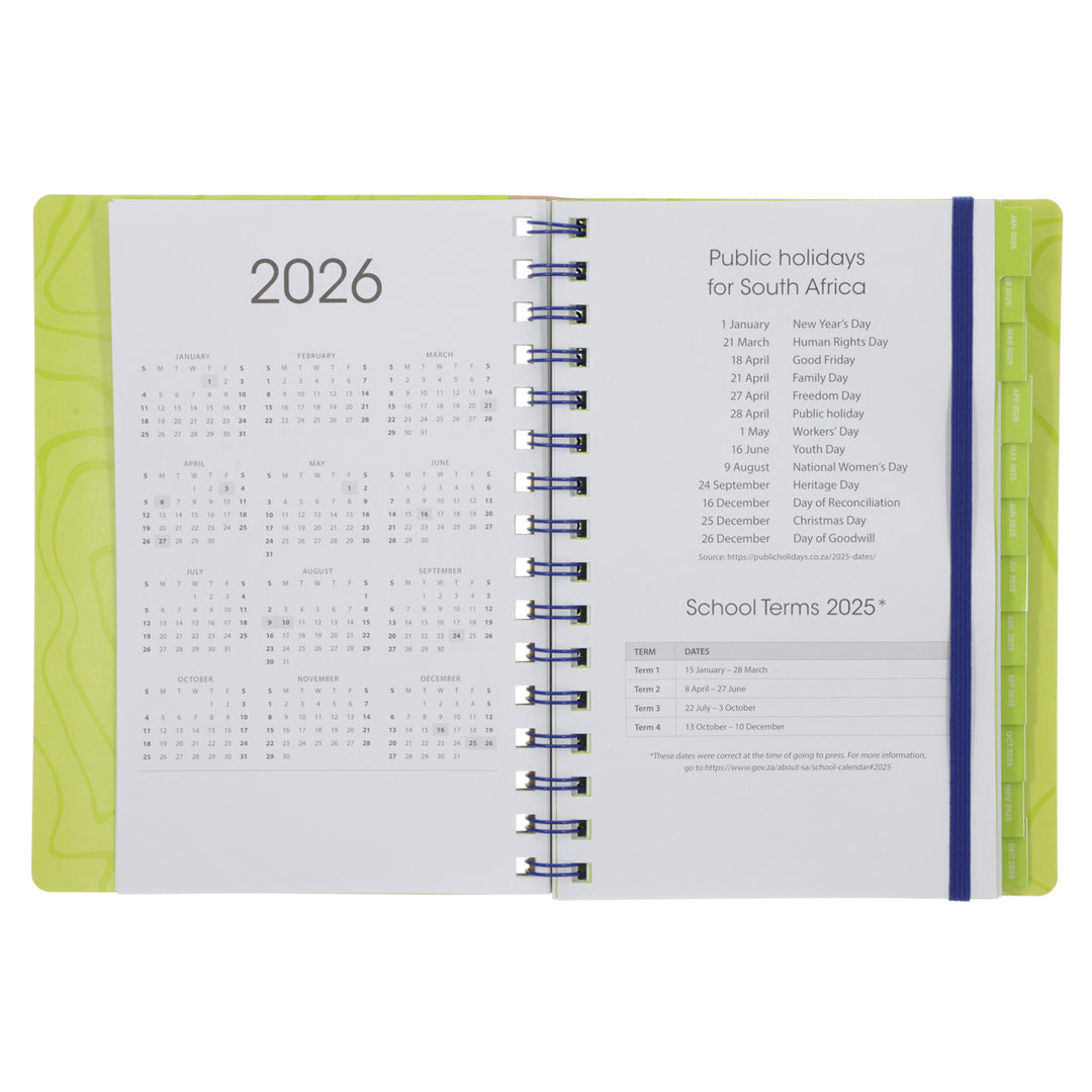 2025 A5 Diary - Daily Planner - Electric Marble - Imitation Leather Wirebound