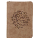 Be Strong and Courageous Lion Tan Faux Leather Journal with Zipped Closure
