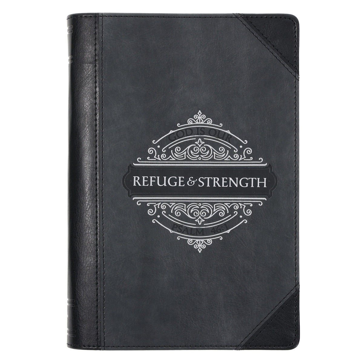 God Is Our Refuge and Strength Two-Tone Black and Grey Faux Leather Chunky Journal