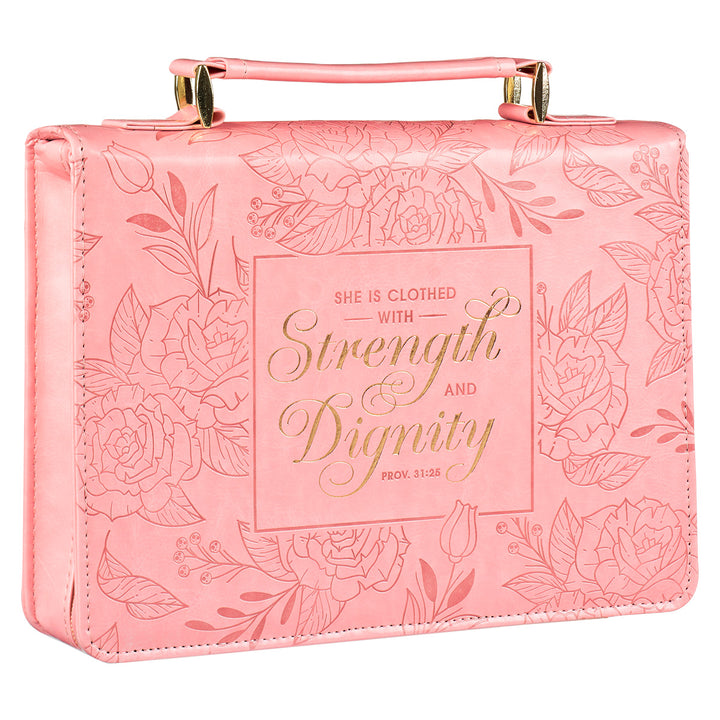 Strength & Dignity Floral Pink Faux Leather Bible Bag - Proverbs 31:25