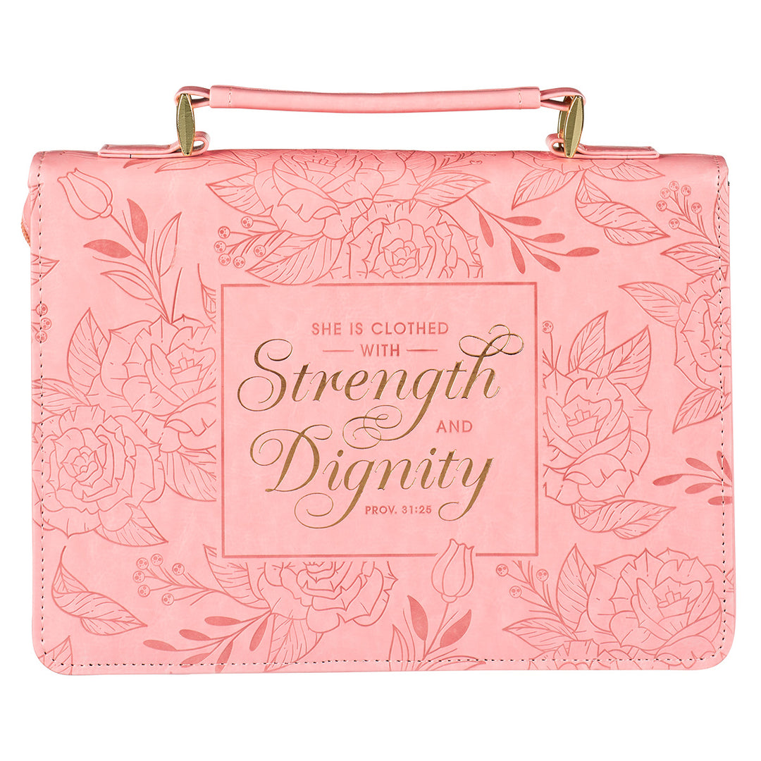 Strength & Dignity Floral Pink Faux Leather Bible Bag - Proverbs 31:25