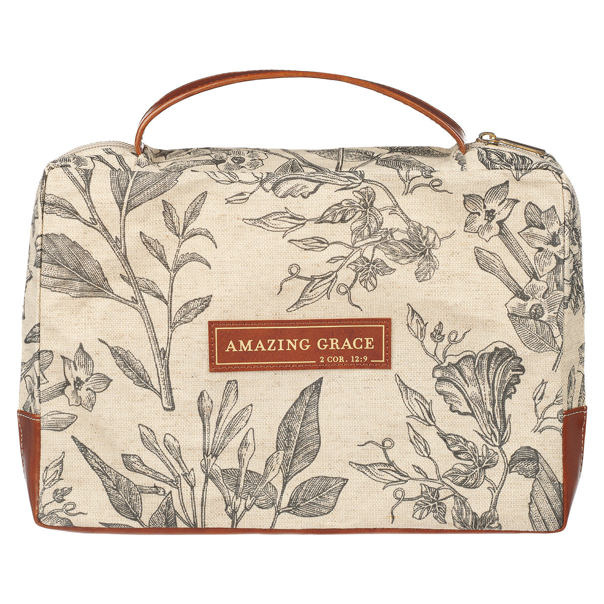 Amazing Grace Floral Cream And Brown Canvas Bible Bag - 2 Cor 12:9