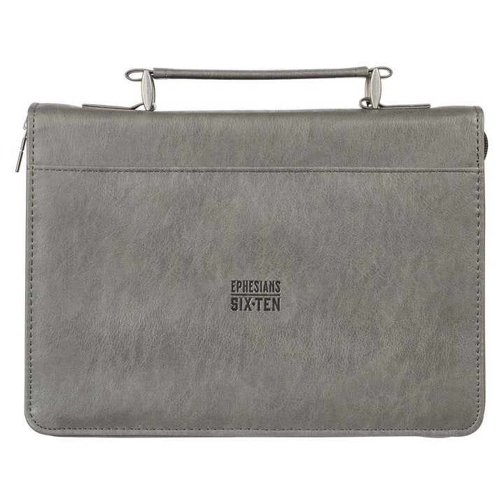 Be Strong in the Lord and in His Mighty Power Grey Faux Leather Bible Bag