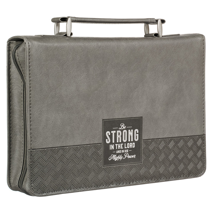 Be Strong in the Lord and in His Mighty Power Grey Faux Leather Bible Bag