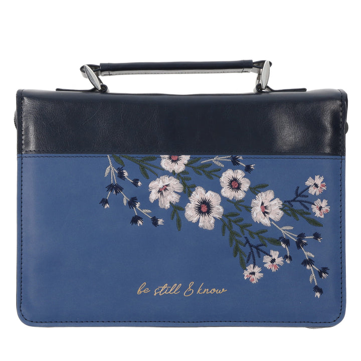 Be Still and Know Embroidered Blue Faux Leather Bible Bag