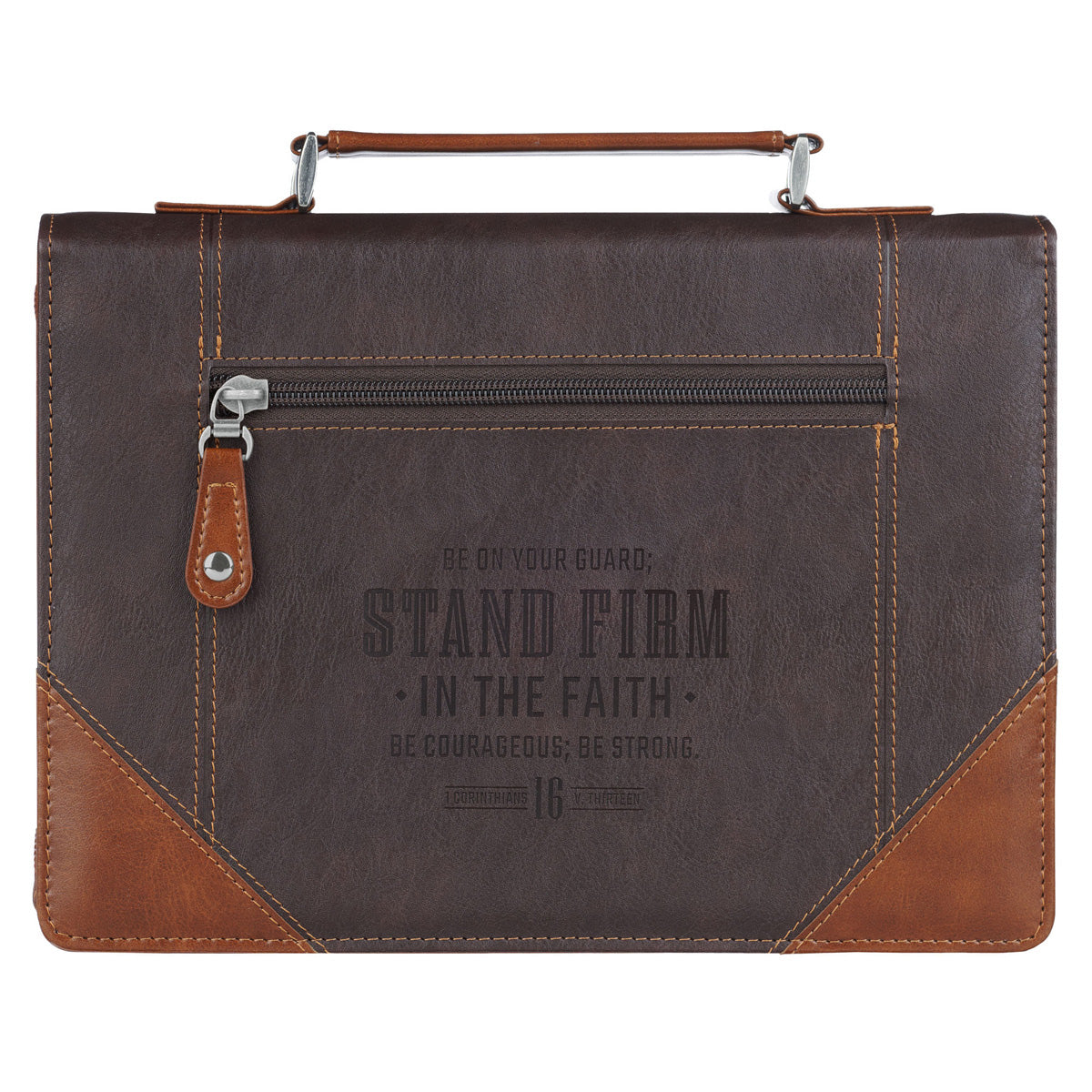 Stand Firm in the Faith Be Courageous; Be Strong Two-Tone Brown Faux Leather Bible Bag