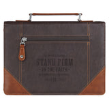 Stand Firm in the Faith Be Courageous; Be Strong Two-Tone Brown Faux Leather Bible Bag